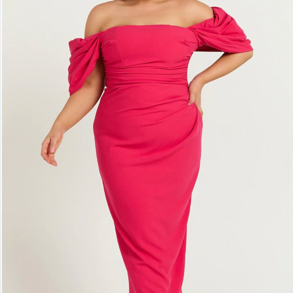 Lohan Midi Dress Off Shoulder Puff Sleeve in Berry